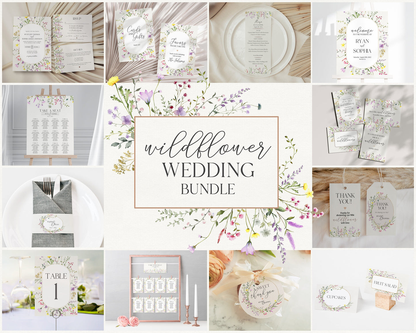 Delicate Wildflower Wedding Decor Bundle Printable, printable floral wedding invites, instant download Editable Template, Sign Bundle