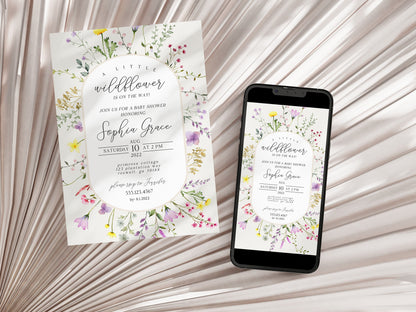 Delicate Little Wildflower Baby shower Invitation Template, books for baby card bright floral baby shower invite set, spring summer florals