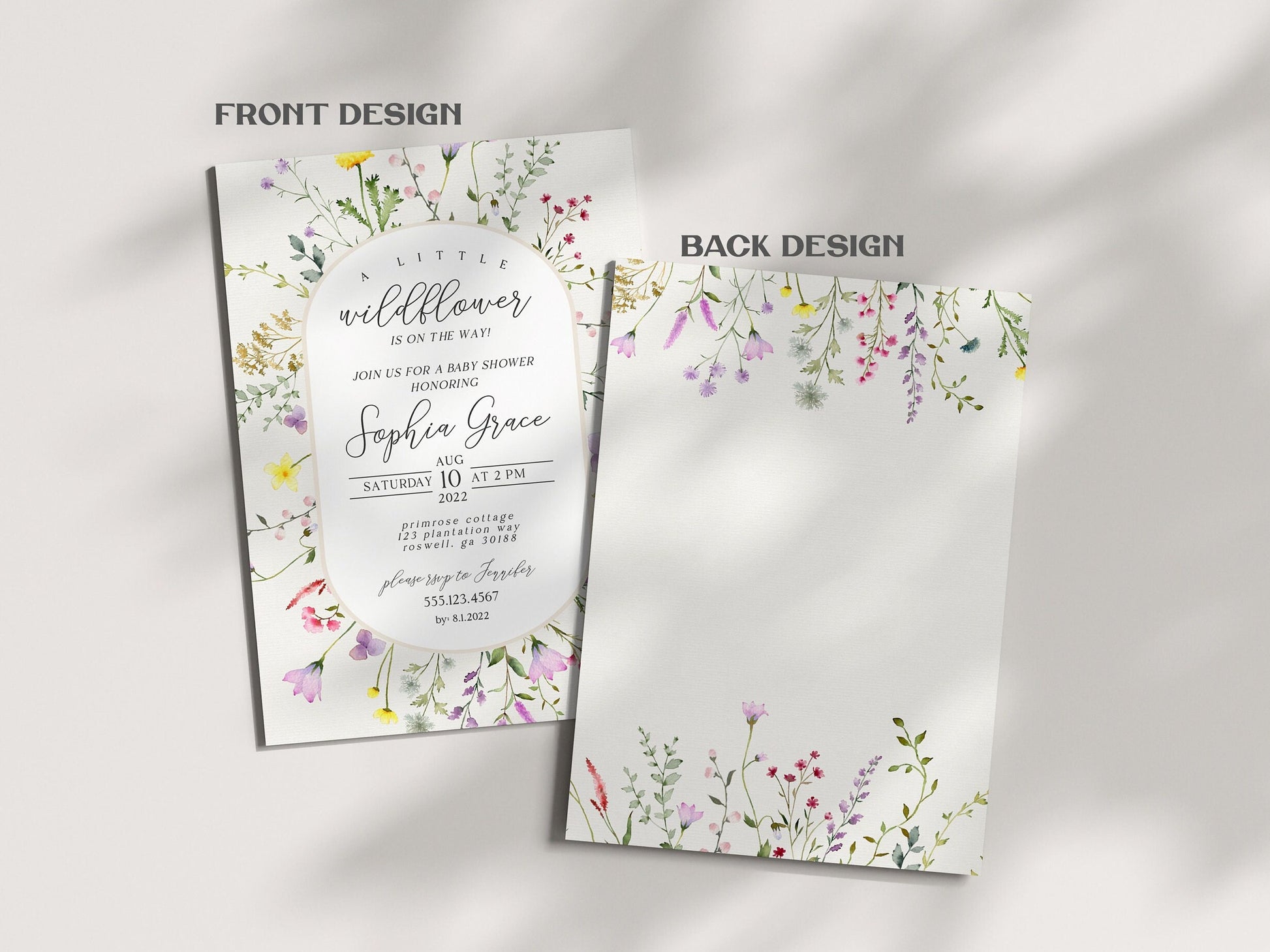 Delicate Little Wildflower Baby shower Invitation Template, books for baby card bright floral baby shower invite set, spring summer florals