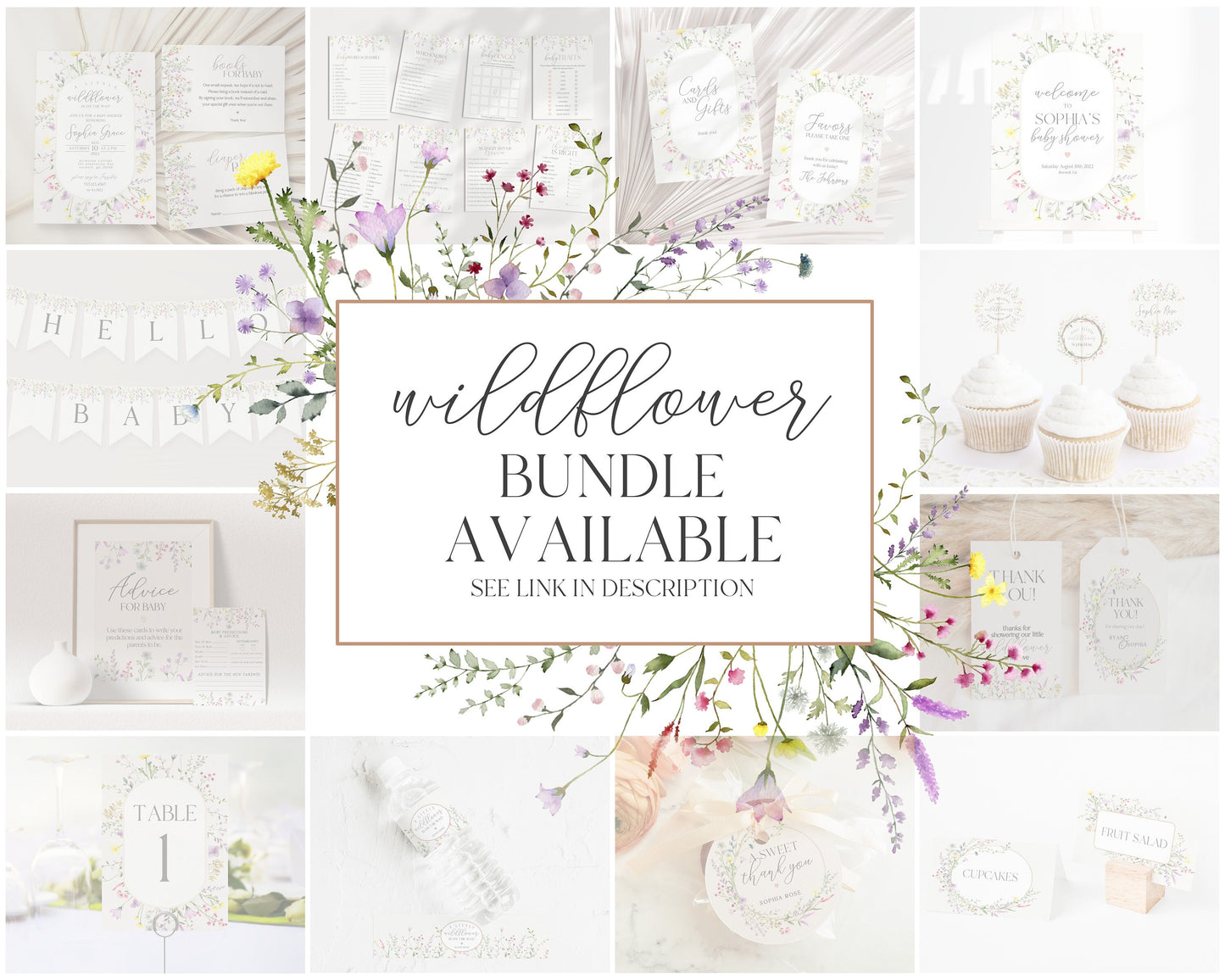 Delicate Wildflower Bridal Shower Invitation Set Template, floral bridal shower invites set, spring summer florals, bridal shower evite