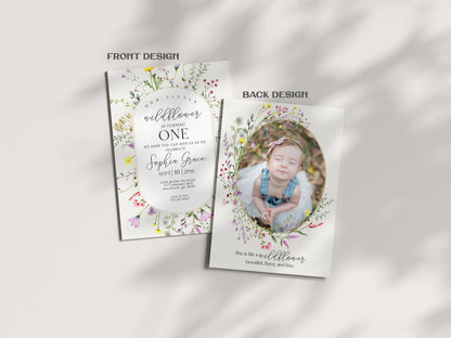 Delicate Wildflower First Birthday Invitation and Evite Template, spring summer floral birthday party, Our little wildflower is turning one