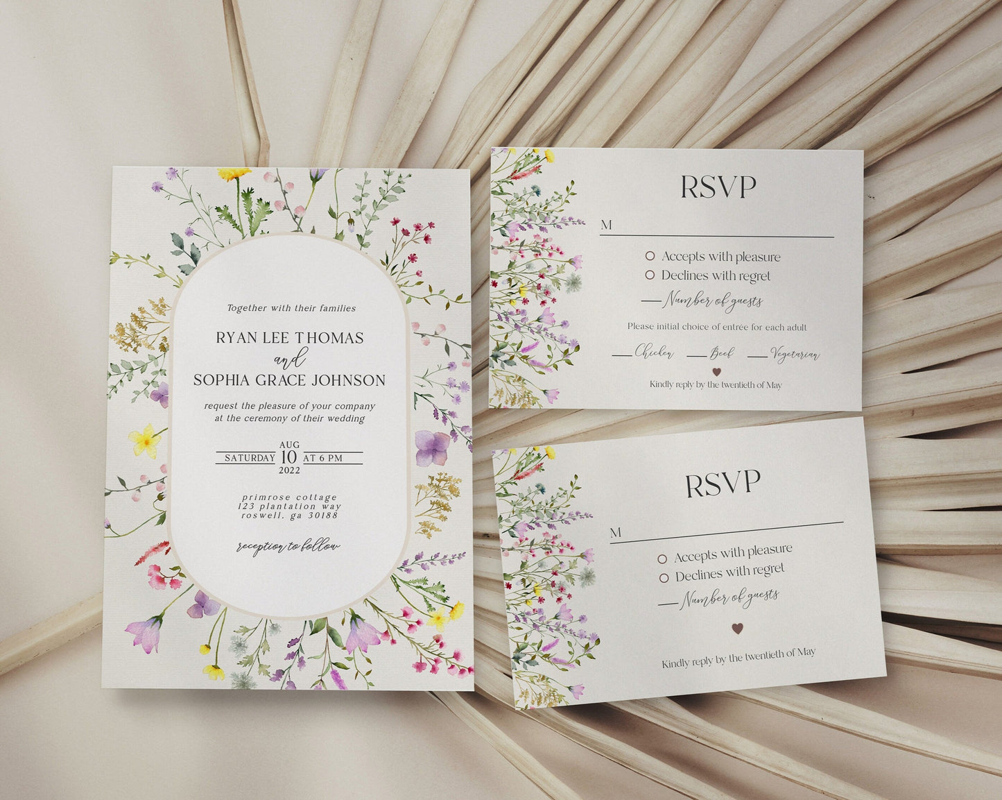 Delicate Wildflower 3 Piece Wedding Invitation Template Set, floral wedding invite set, spring summer boho wedding, simple floral wedding