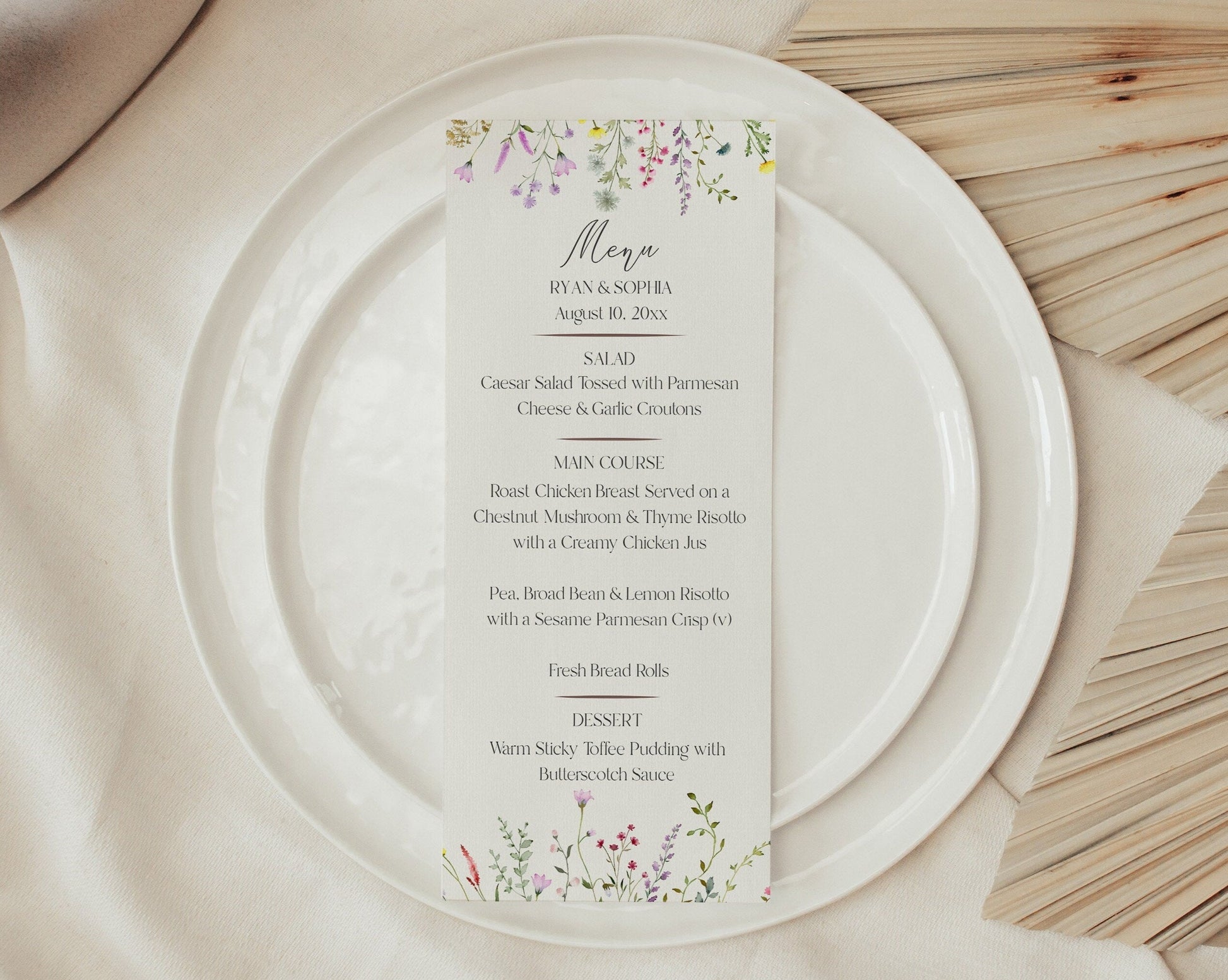 Delicate Wildflower Printable Wedding Menu Template, floral wedding menu corjl, wedding bundle available, wedding menu digital download