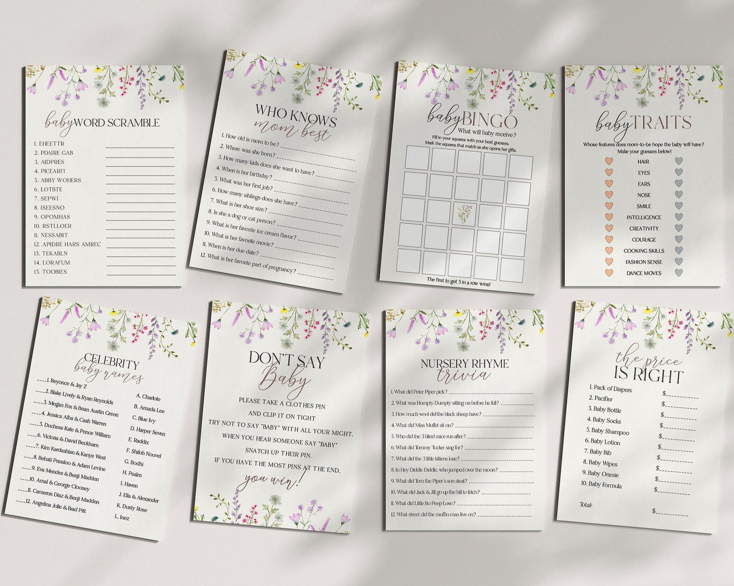 delicate wildflower baby shower games bundle, wildflower baby sprinkle games template, boho baby shower party games, floral baby shower