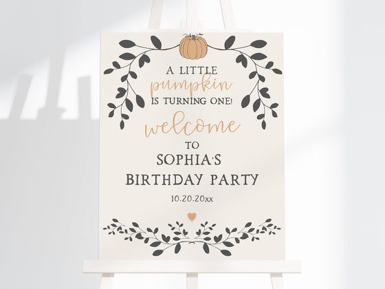 Little Pumpkin First Birthday Welcome Sign Template, Fall birthday Welcome Sign, Corjl Instant Download neutral, Autumn birthday Signage