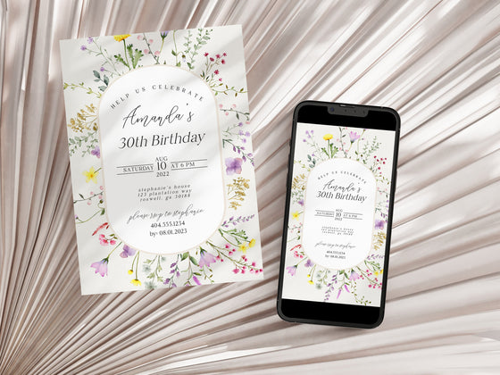 Delicate Wildflower Birthday Party Bundle Printable, boho floral 30th birthday party invite 40th Birthday Editable Template 50th 80th
