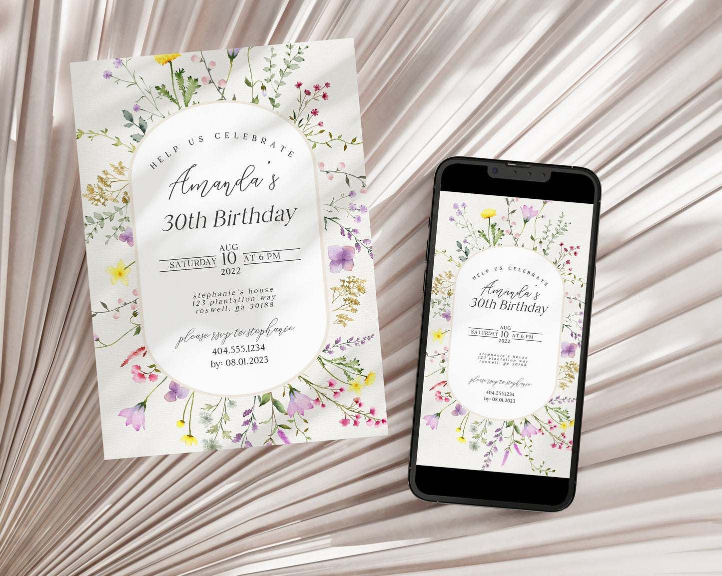 Delicate Wildflower Birthday Invitation and Evite Template, spring summer florals, 30th 40th 50th 60th 70th 80th 90th 100th Birthday Invite