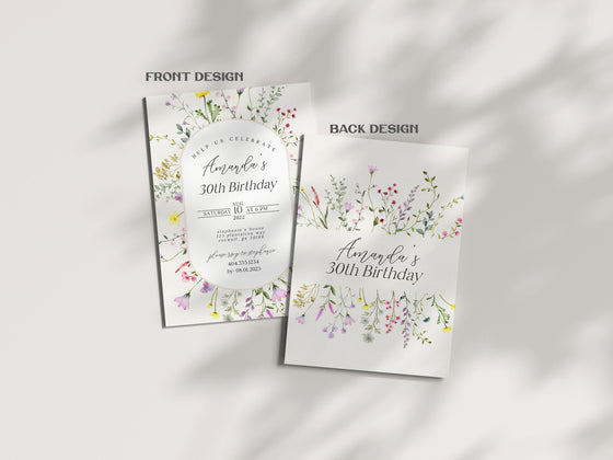 Delicate Wildflower Birthday Invitation and Evite Template, spring summer florals, 30th 40th 50th 60th 70th 80th 90th 100th Birthday Invite