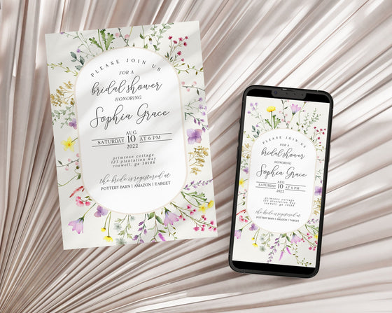 Delicate Wildflower Bridal Shower Invitation Set Template, floral bridal shower invites set, spring summer florals, bridal shower evite