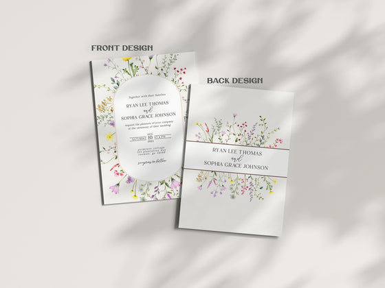 Delicate Wildflower 3 Piece Wedding Invitation Template Set, floral wedding invite set, spring summer boho wedding, simple floral wedding