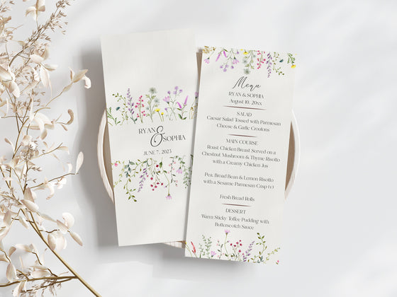 Delicate Wildflower Printable Wedding Menu Template, floral wedding menu corjl, wedding bundle available, wedding menu digital download