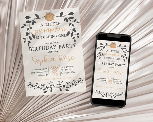 Little Pumpkin First Birthday Invitation Evite Template, fall first birthday party, Our little pumpkin is turning one, autumn birthday party