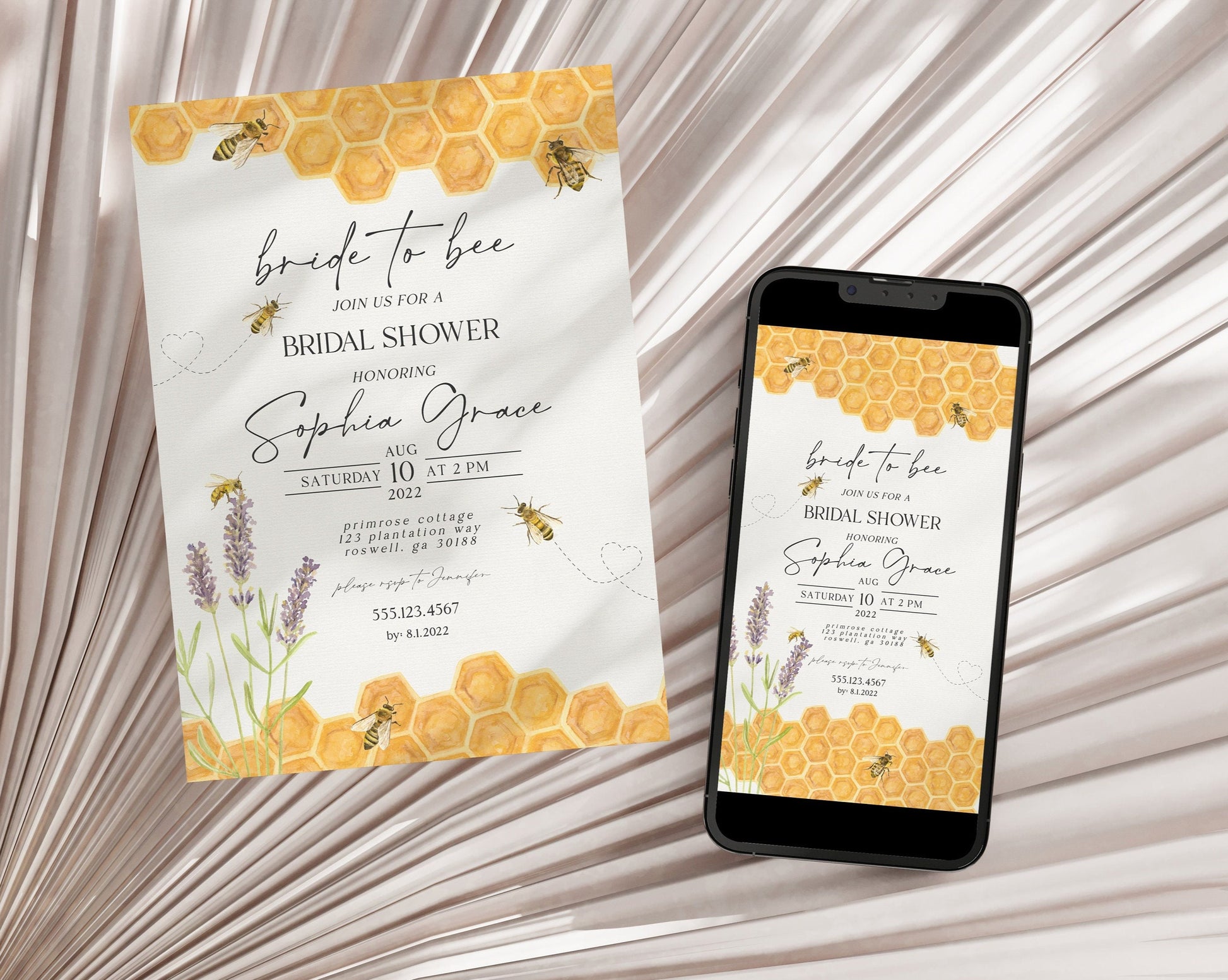 Honey Bee Bridal Shower Invitation Set Printable Template, bee bridal shower invites set, spring summer bridal shower evite