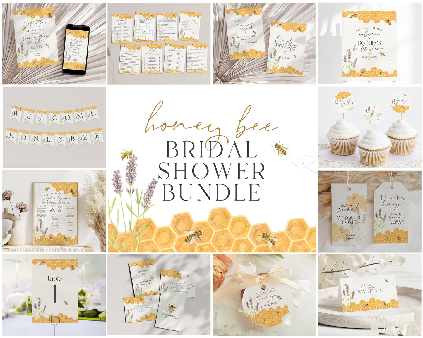 Honey Bee Bridal Shower Bundle Printable, Engagement Shower, wedding shower invites Template, Editable Template, Bridal Shower Games