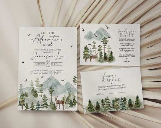 Forest Woodland Theme 3 Piece Baby Shower Invitation Template, let the adventure begin baby shower, diaper raffle and books for baby card