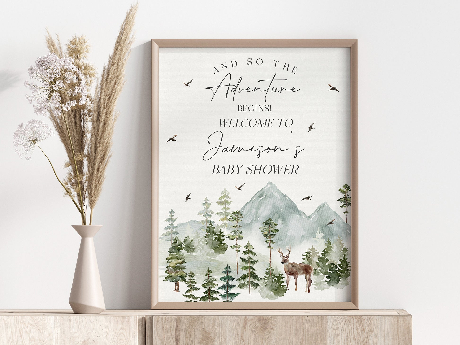 Forest Woodland Baby Shower Welcome Sign Template, and so the adventure begins Welcome Sign, Wilderness Baby Boy Woodsy Baby Shower