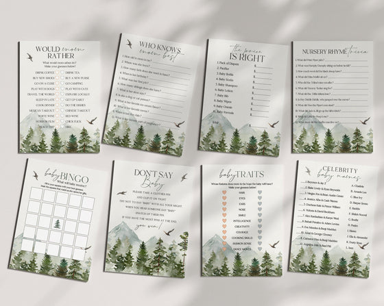 Forest woodland baby shower games bundle, let the adventure begin games template, baby shower party game ice breakers wilderness baby shower