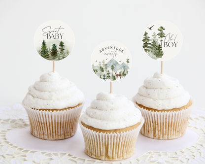 Forest Woodland Baby Shower Cupcake Toppers Printable Template, wilderness baby boy party decor, woodsy baby shower, let the adventure begin