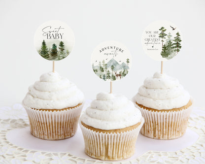 Forest Woodland Baby Shower Cupcake Toppers Printable Template, wilderness baby boy party decor, woodsy baby shower, let the adventure begin