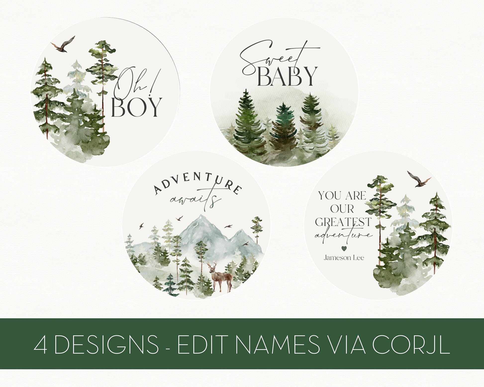 Forest Woodland Baby Shower Cupcake Toppers Printable Template, wilderness baby boy party decor, woodsy baby shower, let the adventure begin