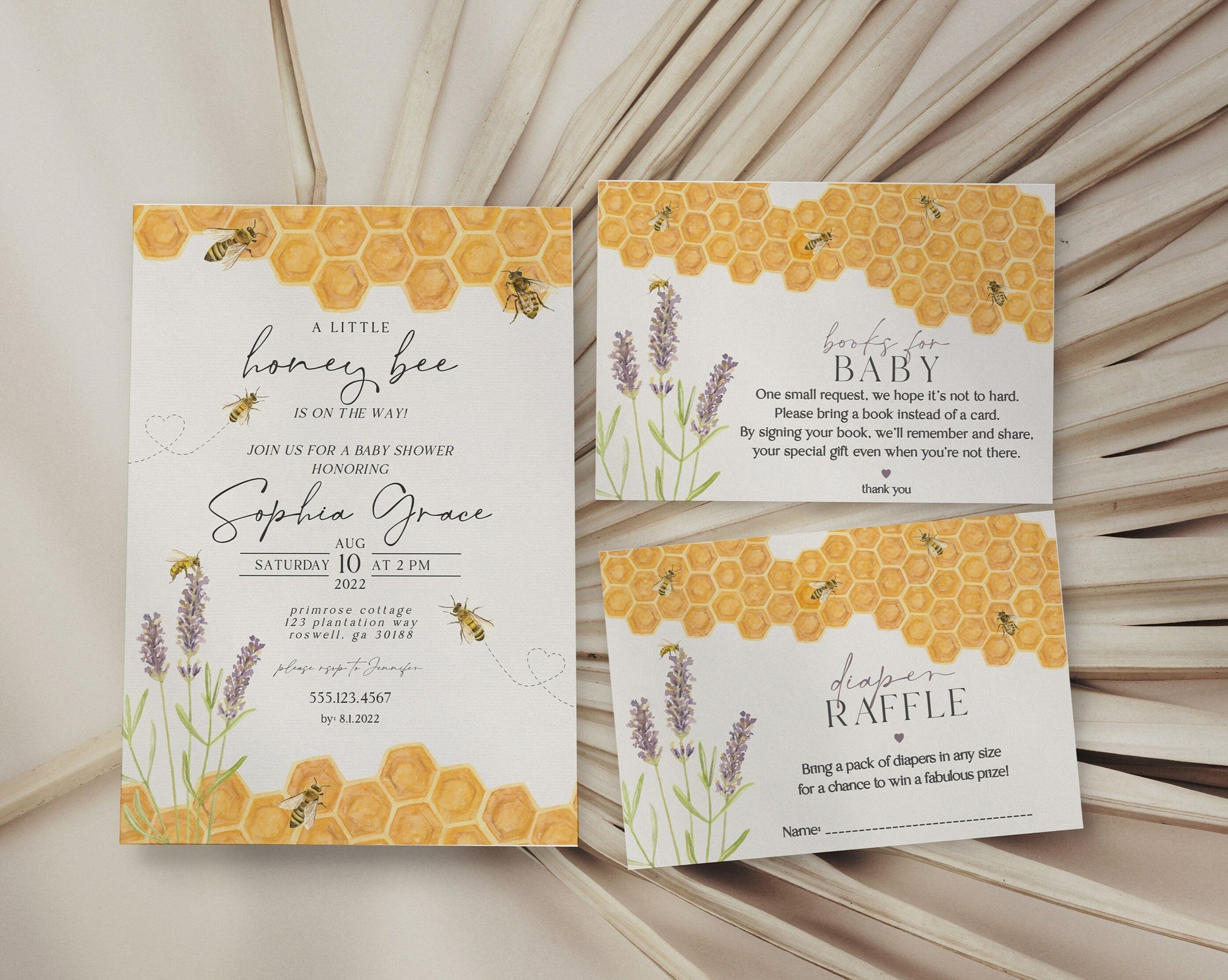 Honey Bee 3 Piece Baby Shower Invitation Template Set, bee baby shower invite set, watercolor lavender set, gender neutral baby shower