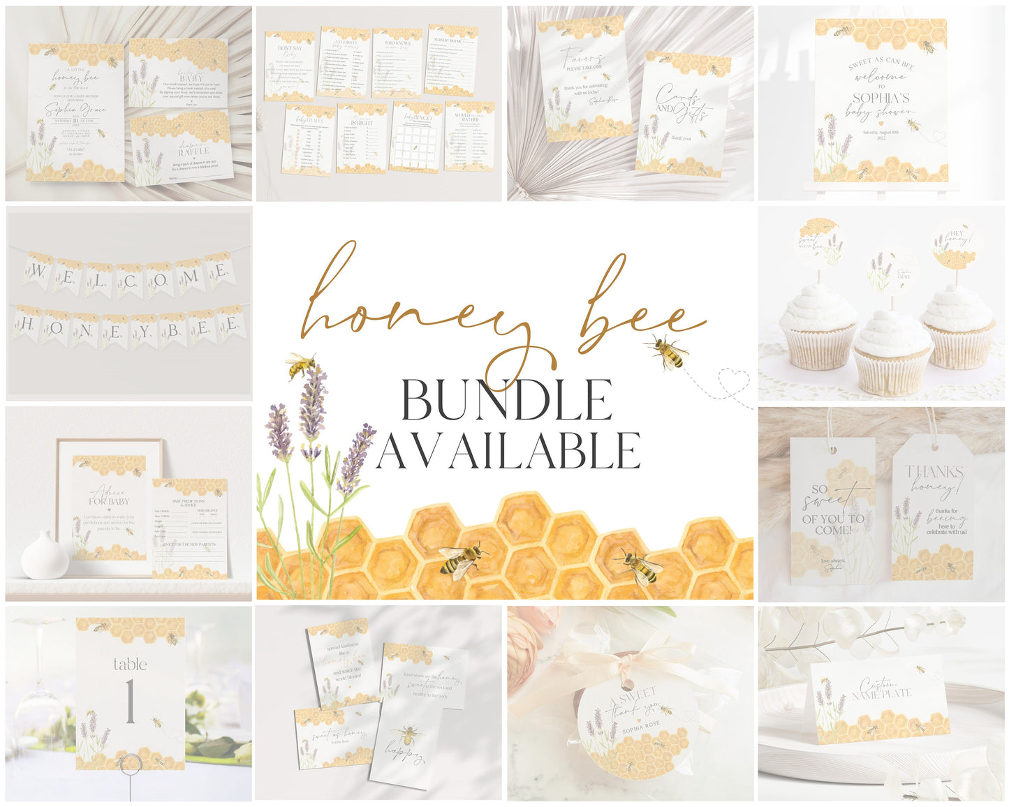 honey bee baby shower games bundle, honey bee baby sprinkle games template, gender neutral baby shower party games, yellow honey baby shower