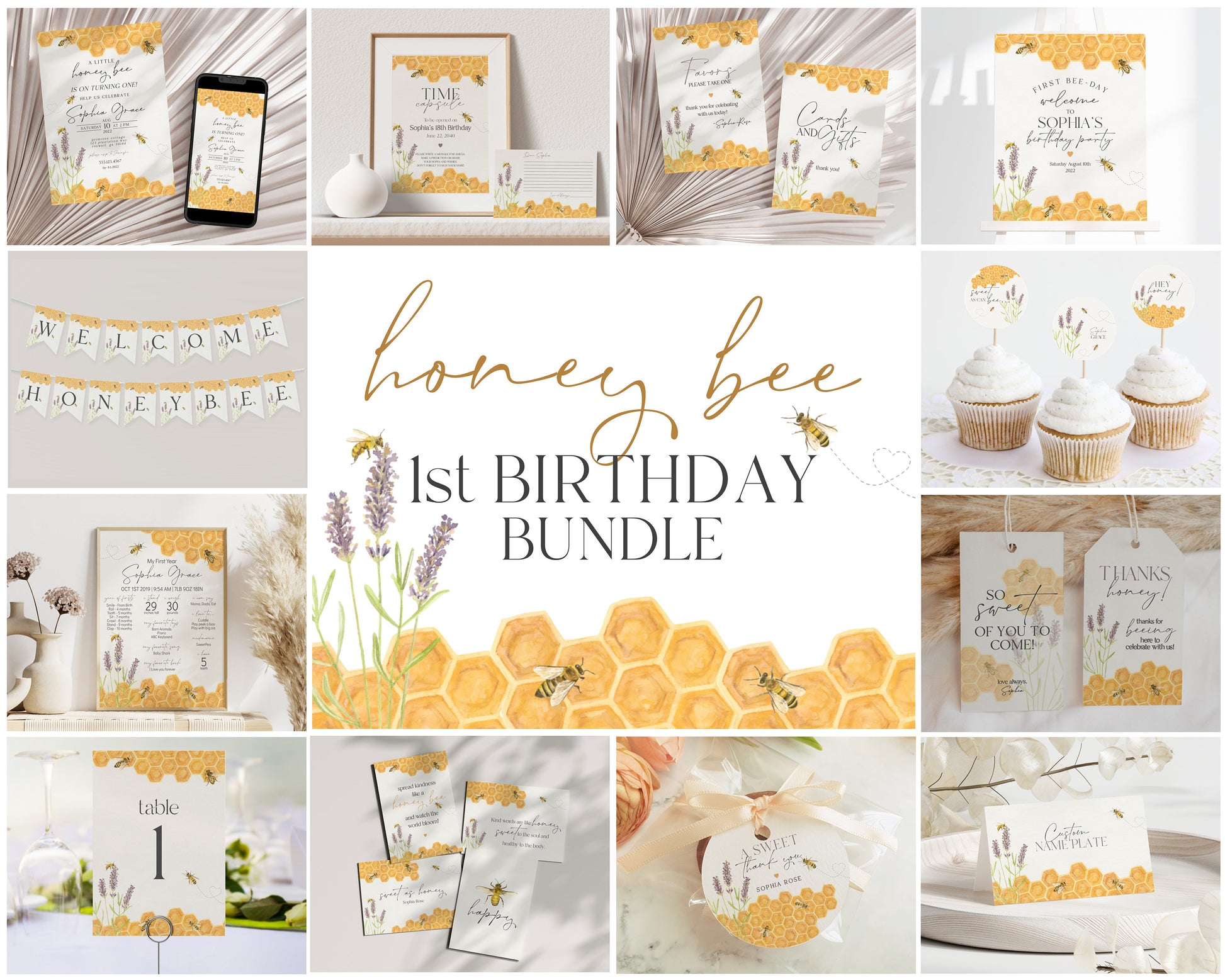 Honey Bee First Birthday Bundle Printable, Gender Neutral 1st Bee Day Invitation Bundle, Bumble Bee Birthday Package, Happy Bee Day