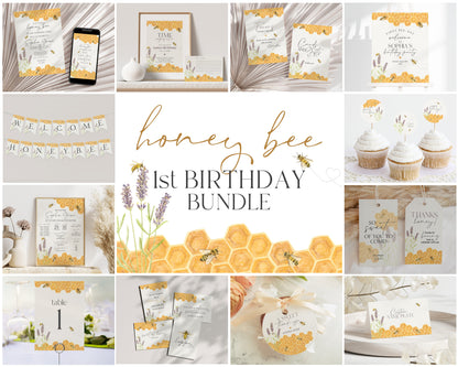 Honey Bee First Birthday Bundle Printable, Gender Neutral 1st Bee Day Invitation Bundle, Bumble Bee Birthday Package, Happy Bee Day