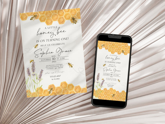 Honey Bee First Birthday Bundle Printable, Gender Neutral 1st Bee Day Invitation Bundle, Bumble Bee Birthday Package, Happy Bee Day