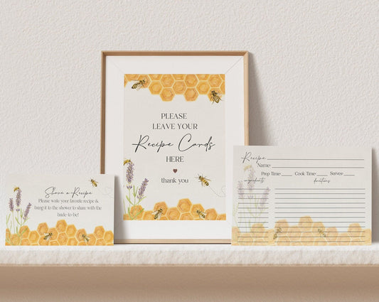 Honey Bee recipe box card template for bridal shower, watercolor flower, fall bridal shower games, floral recipe card template