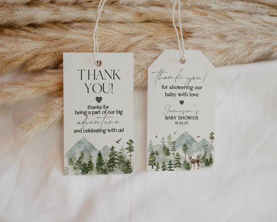 Forest Woodland Favor Tags Printable Template, wanderlust baby shower favors, wilderness tags, Circle tag, winter First birthday favors tag