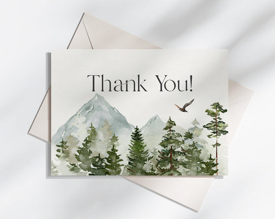 Forest Woodland Thank You Card Printable Template, wilderness boy baby shower, First birthday thank you card, adventure awaits winter shower