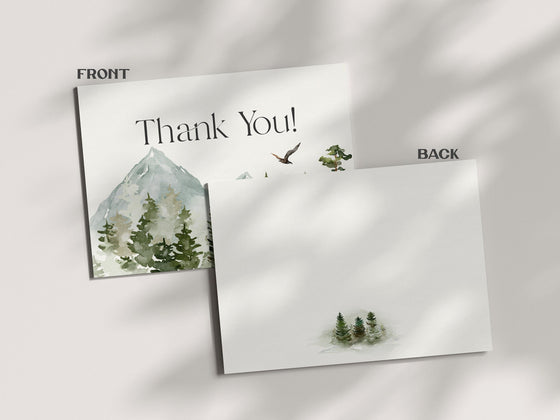 Forest Woodland Thank You Card Printable Template, wilderness boy baby shower, First birthday thank you card, adventure awaits winter shower