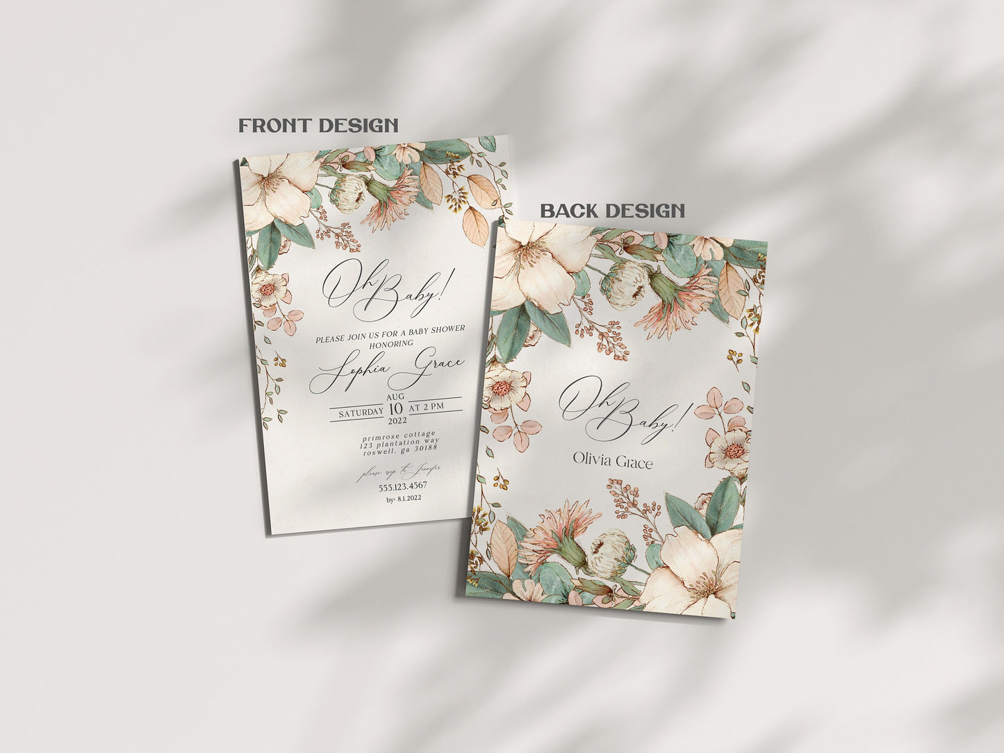 Blush Floral 3 Piece Boho Baby Shower Invitation Template Set, rose gold shower invite set, blush pink girl baby shower invitation template