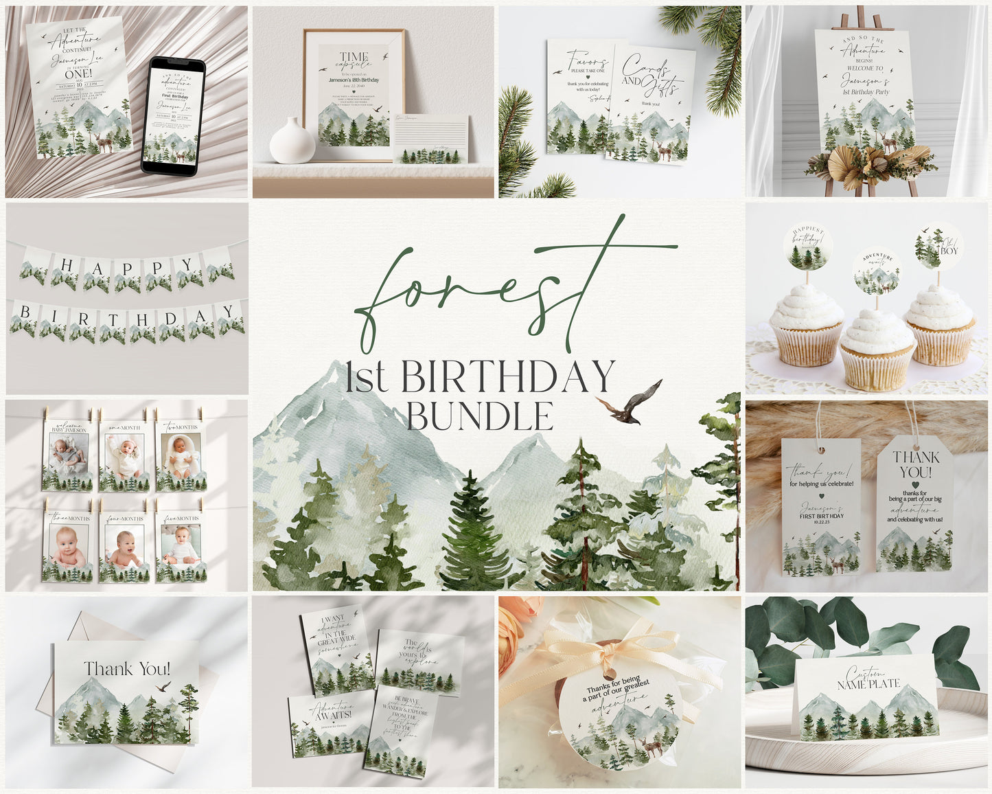 Forest Woodland First Birthday Bundle Printable, boy birthday Invitation Bundle, fall winter birthday party, Christmas birthday Adventure