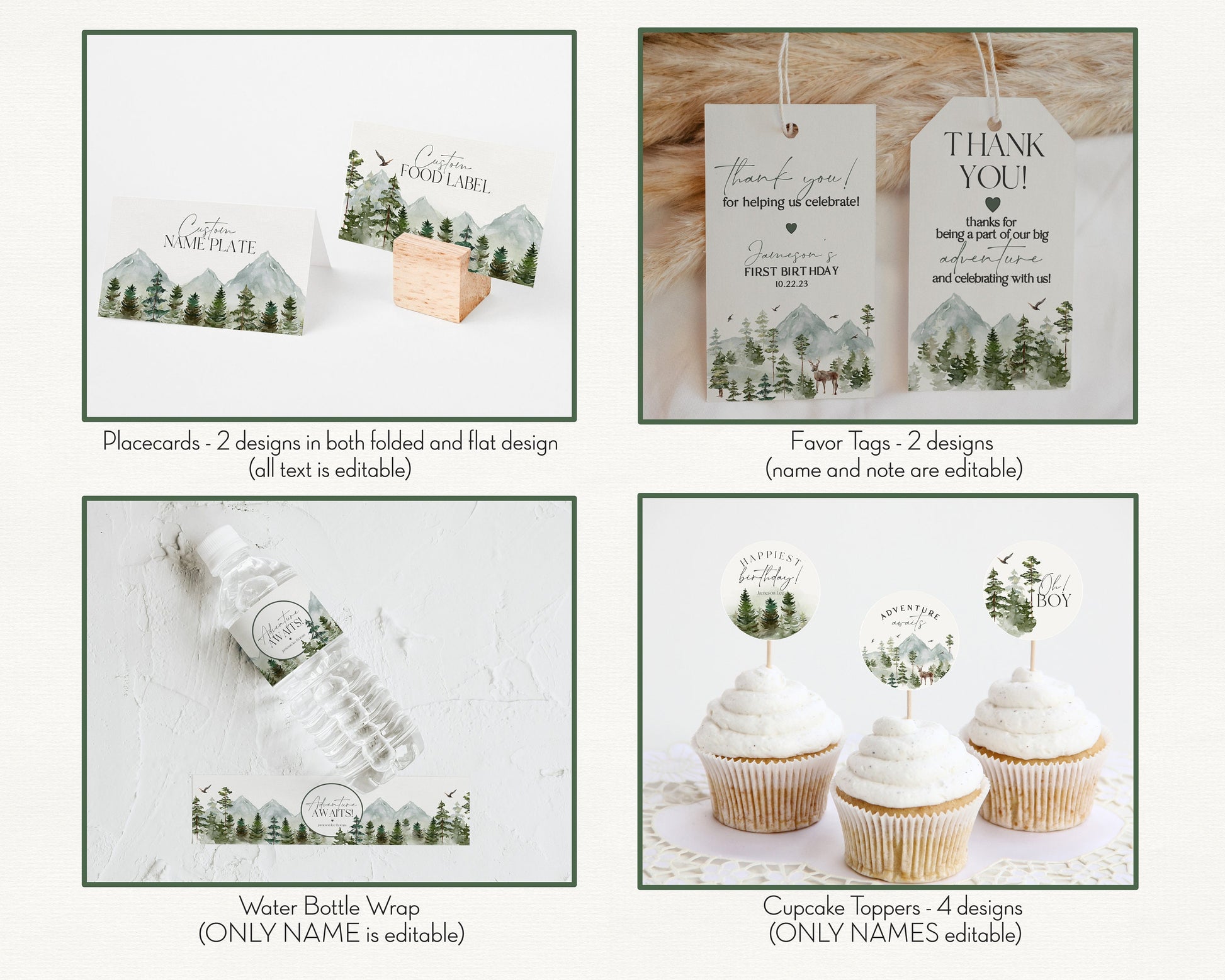 Forest Woodland First Birthday Bundle Printable, boy birthday Invitation Bundle, outdoor birthday party, summer birthday Adventure Awaits