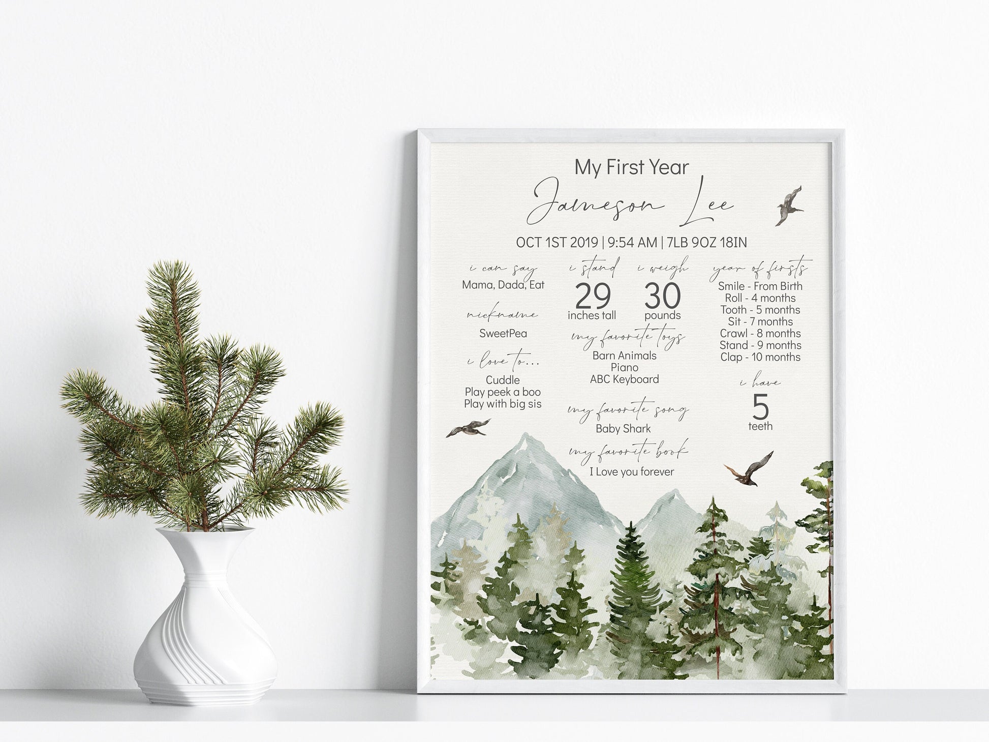 Forest woodland first birthday Editable Birthday Milestone Keepsake gift, My first year Milestone Corjl, Baby's First Birthday Sign