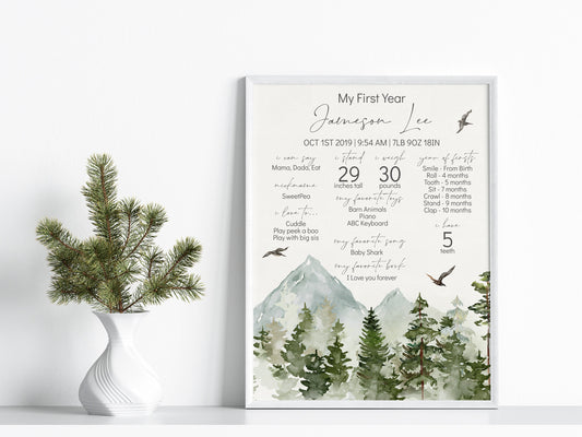 Forest woodland first birthday Editable Birthday Milestone Keepsake gift, My first year Milestone Corjl, Baby's First Birthday Sign