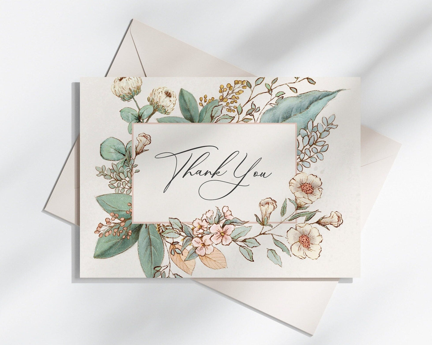 Blush Pink Floral Thank You Card Printable Template, boho girl baby shower thank you card, vintage floral rose gold wedding thank you card