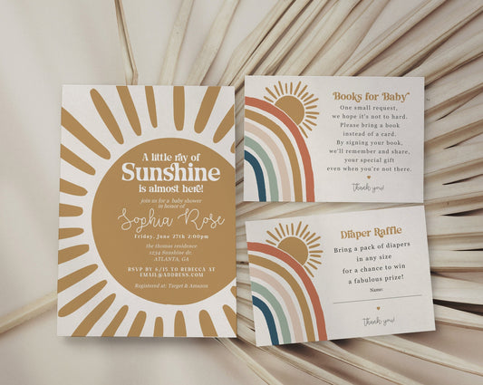 You are my Sunshine Boho Rainbow Baby Shower Invitation Set Template, little ray of sunshine is on the way gender neutral baby shower decor