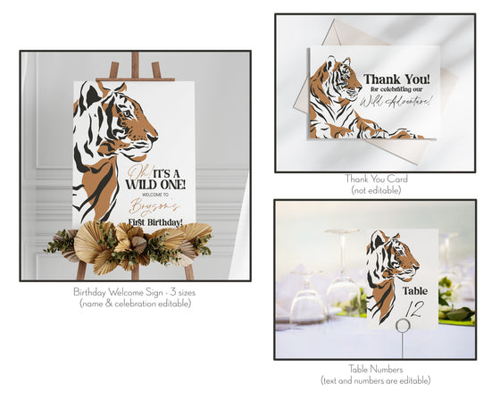 Modern Jungle Little Tiger first Birthday Bundle Printable, boy birthday Invitation Bundle, safari siberian tiger minimal birthday party