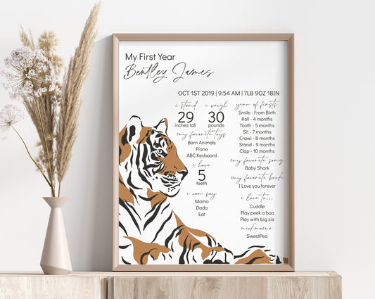 Jungle siberian tiger first birthday Editable Birthday Milestone Keepsake gift, My first year Milestone Corjl, Baby's First Birthday Sign