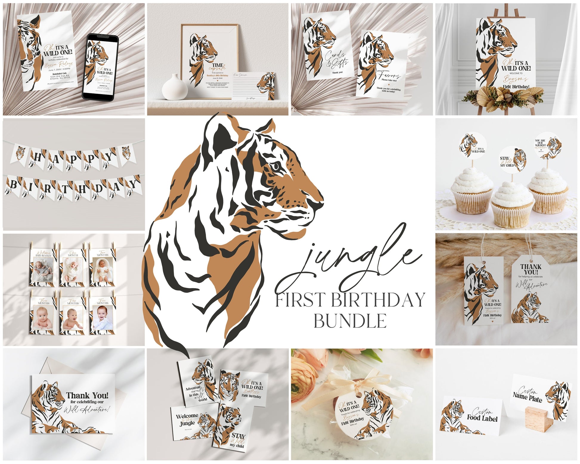 Modern Jungle Little Tiger first Birthday Bundle Printable, boy birthday Invitation Bundle, safari siberian tiger minimal birthday party