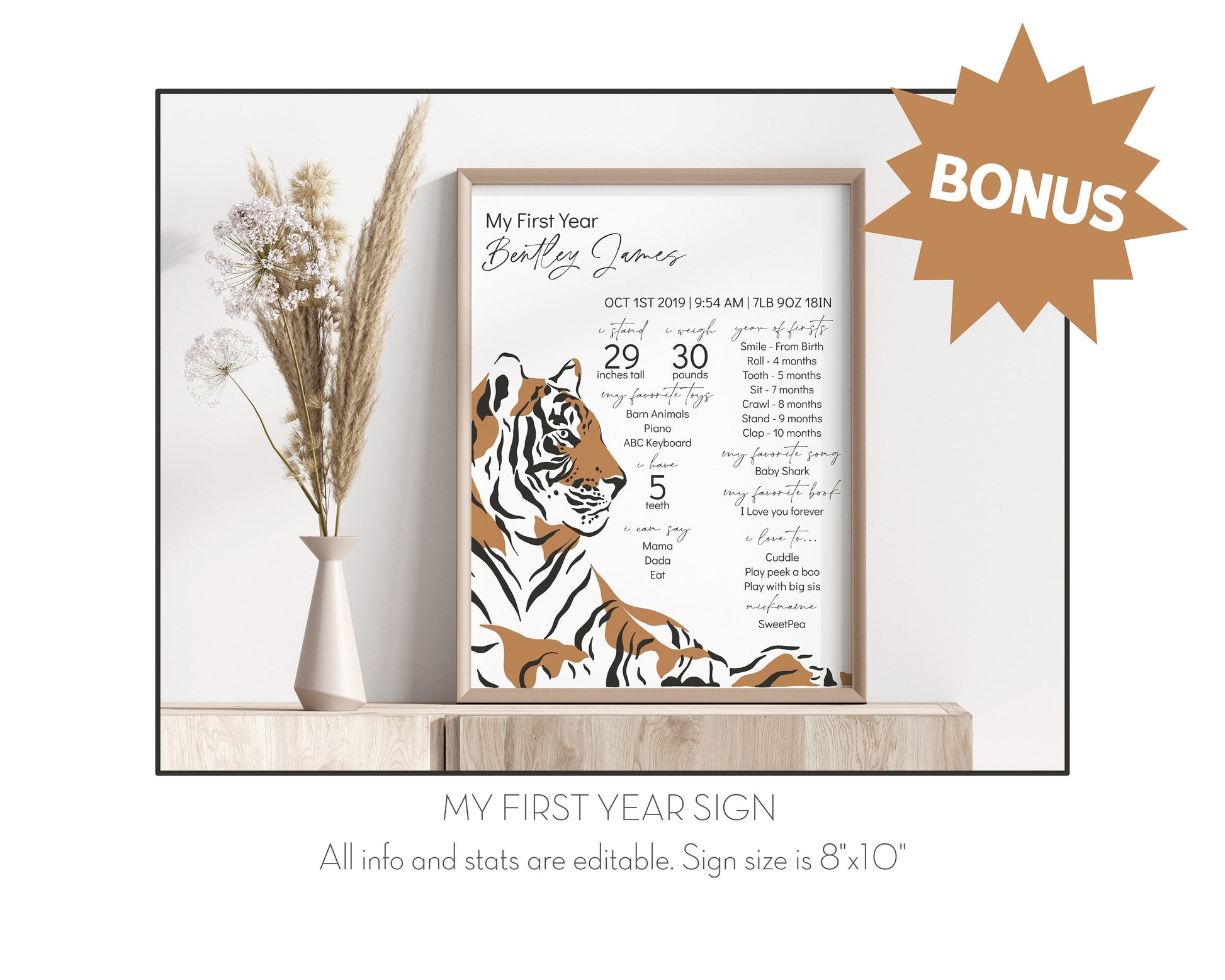 Modern Jungle Little Tiger first Birthday Bundle Printable, boy birthday Invitation Bundle, safari siberian tiger minimal birthday party