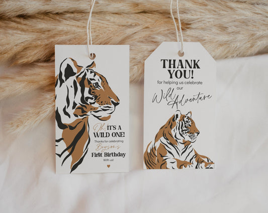 Jungle Siberian Tiger Favor Tags Printable Template, wild one boy first birthday party, Rectangle thank you tag, safari little tiger favors