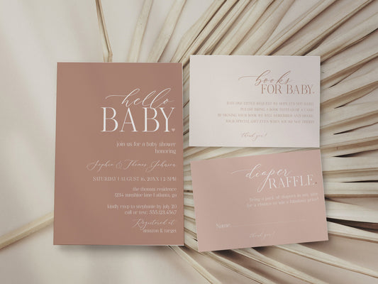 Hello Baby Blush Baby Shower Invitation Set Template, Minimalist rose gold baby shower invite, books for baby diaper raffle Digital Download