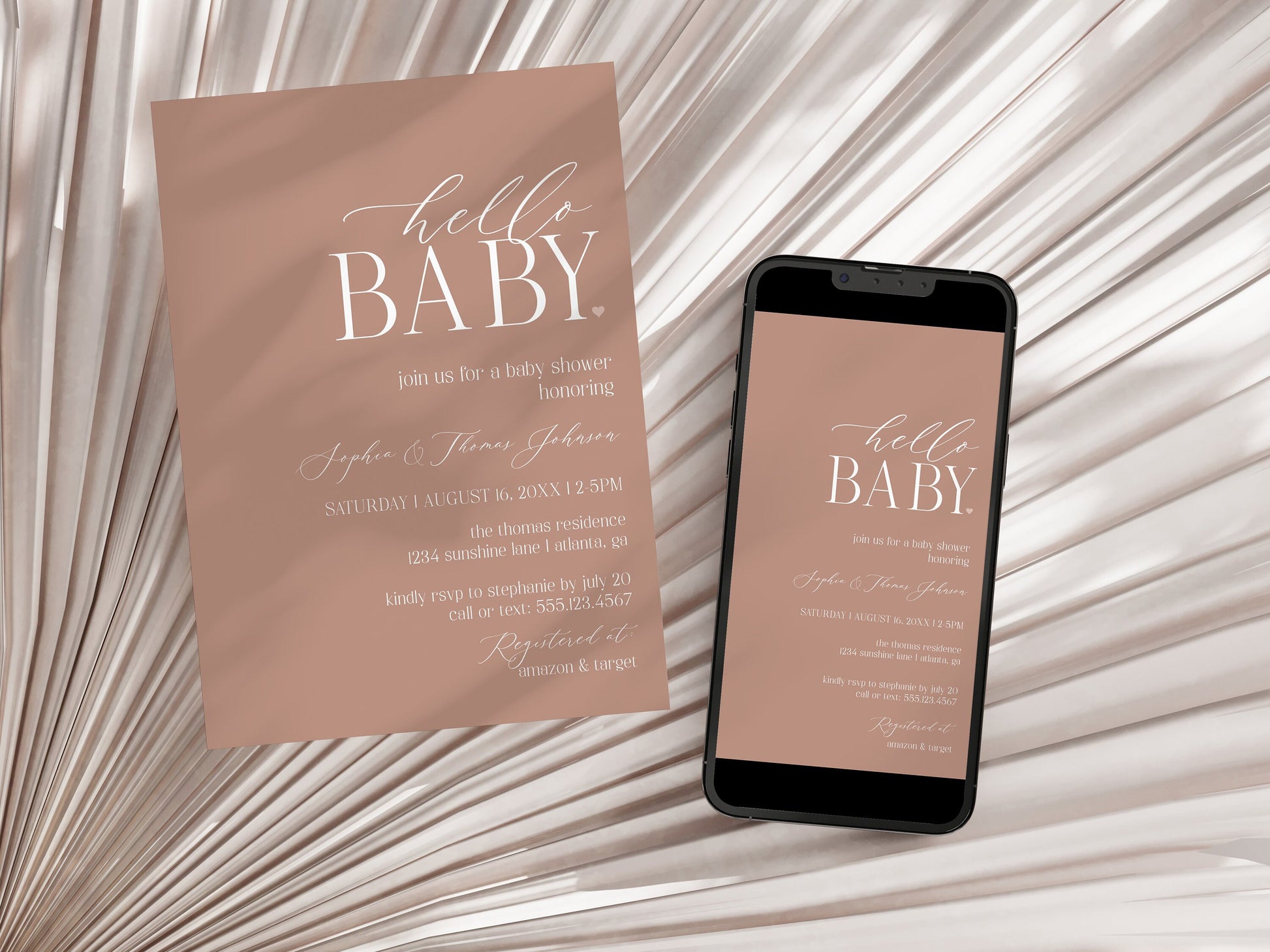 Hello Baby Blush Baby Shower Invitation Set Template, Minimalist rose gold baby shower invite, books for baby diaper raffle Digital Download