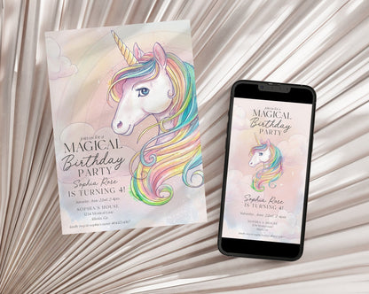 Unicorn Birthday Invitation and Evite Printable Template, Rainbow girls Kids Birthday, Magical Unicorn Party Décor, Instant Download