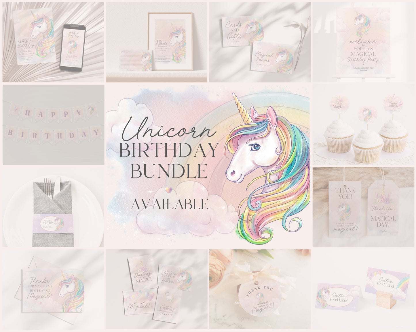 Unicorn Printable Birthday Party Decor, be a unicorn in a field of horses, rainbow unicorn party, stay magical, you are magic, girl birthday