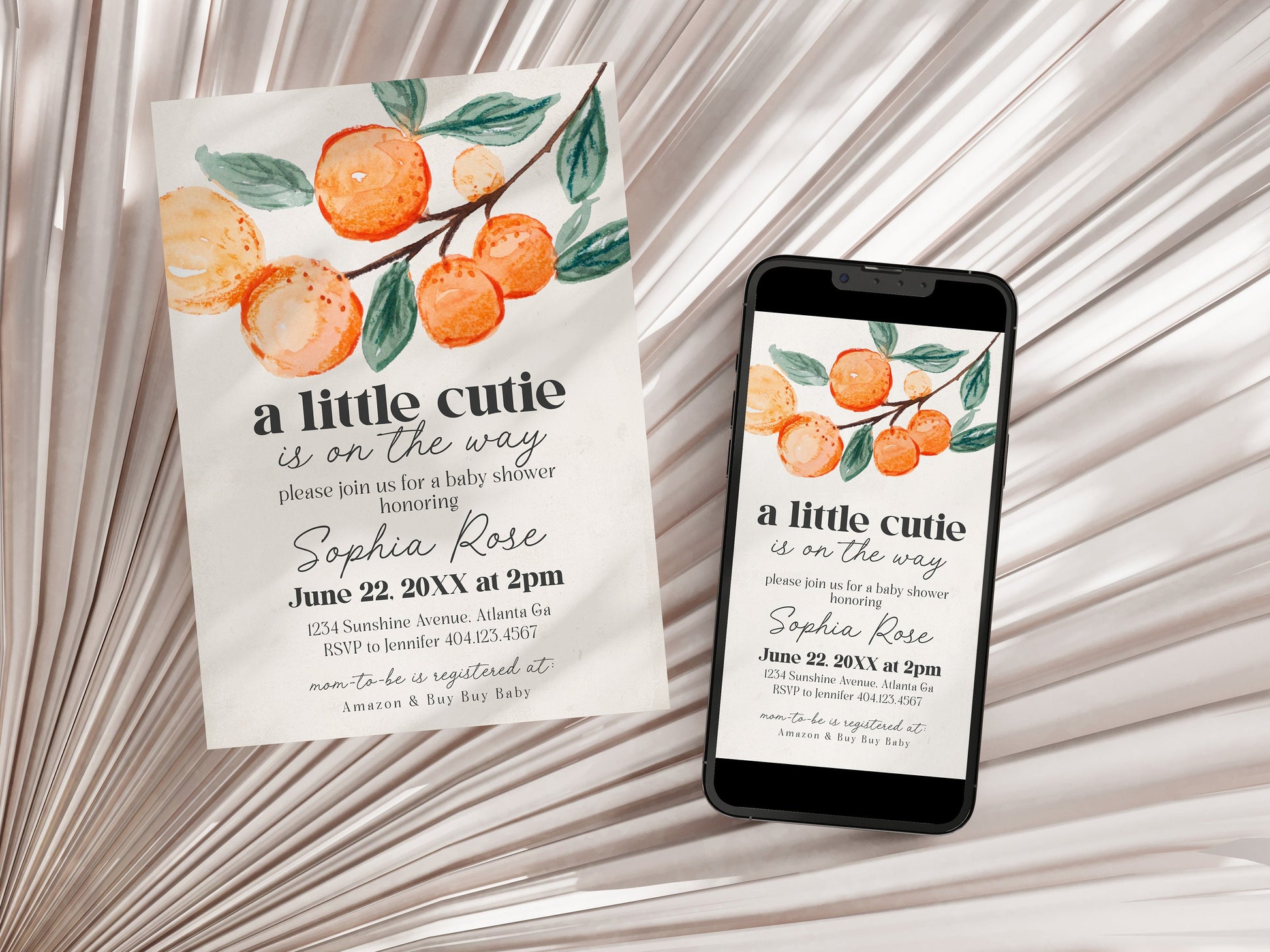 Little Cutie is on the Way Baby Shower Invitation Template, citrus baby shower, tangerine gender neutral baby shower boho bay shower